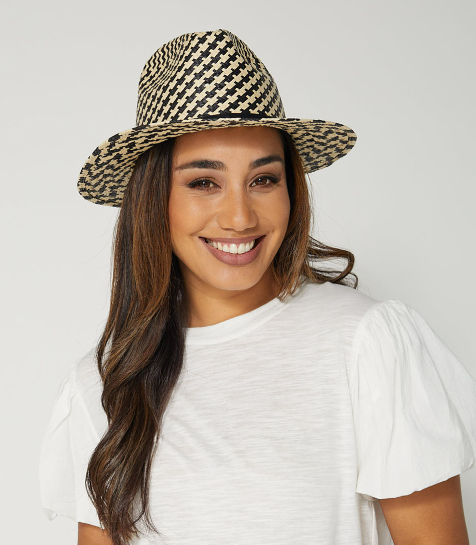 Black White Raffia Houndstooth Hat