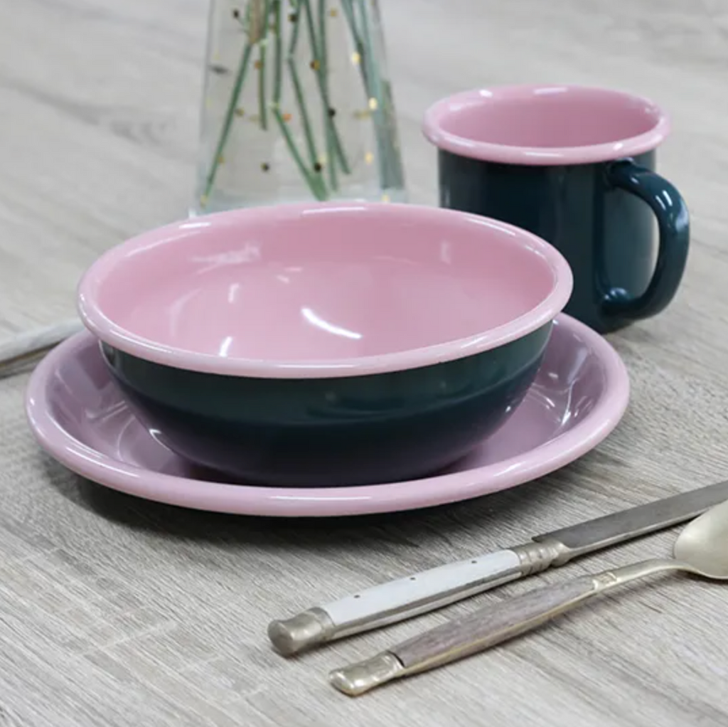 Dark Green Pink Enamel Plate