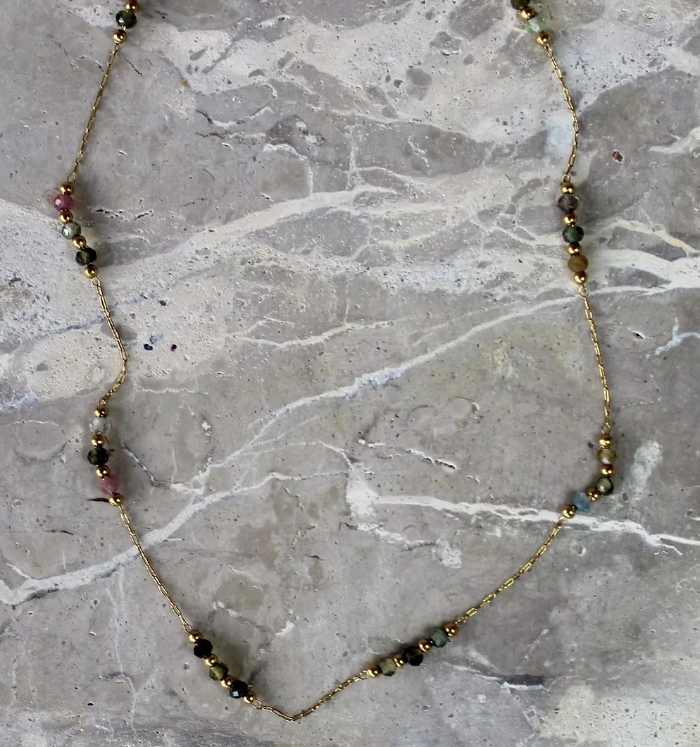 Semi Precious Fine Chain Necklace Pink Green Tourmaline